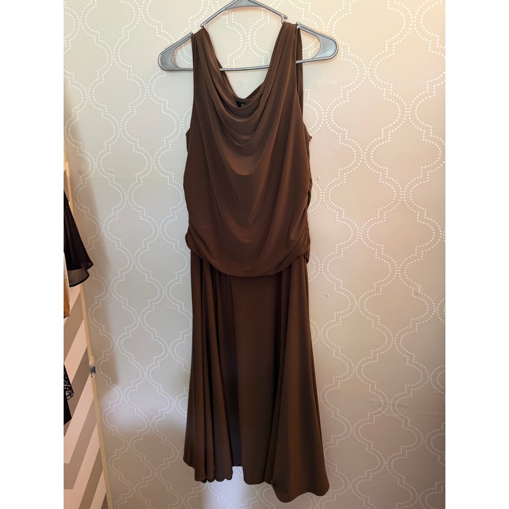 Sandra Darren Midi Dress Cowl Neck Ruched Draped Brown Size 16 - Picture 4 of 9